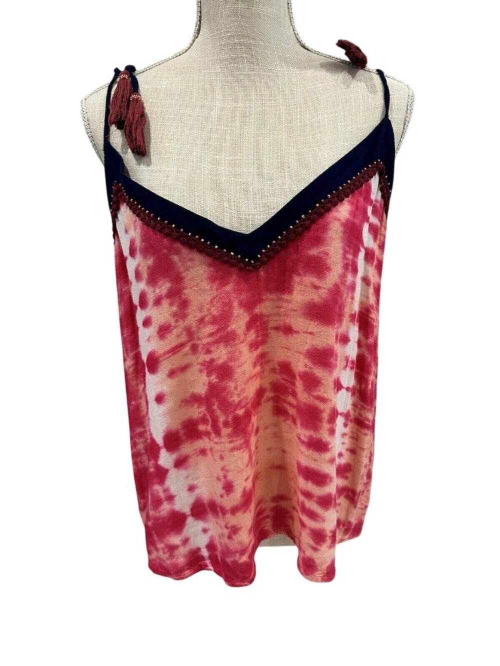 OndadeMar Womens Tie-Dye Sleeveless Top W/ Tassels Pink & Blue M